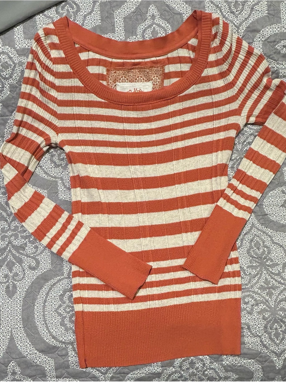 Vintage Y2K Mudd Ribbed Striped Knit Top Scoop Neck Burnt Orange Cream